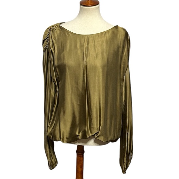 NWOT Anthropologie Balloon Sleeve Silky Blouse Olive Green Keyhole Back XL - Picture 4 of 12